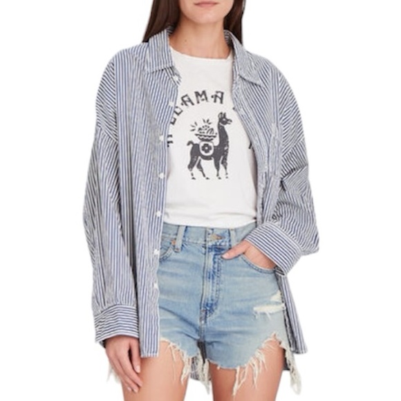 Denimist Stripe Button Front Oversized Shirt in Navy Blue and White Size Medium - Picture 1 of 14